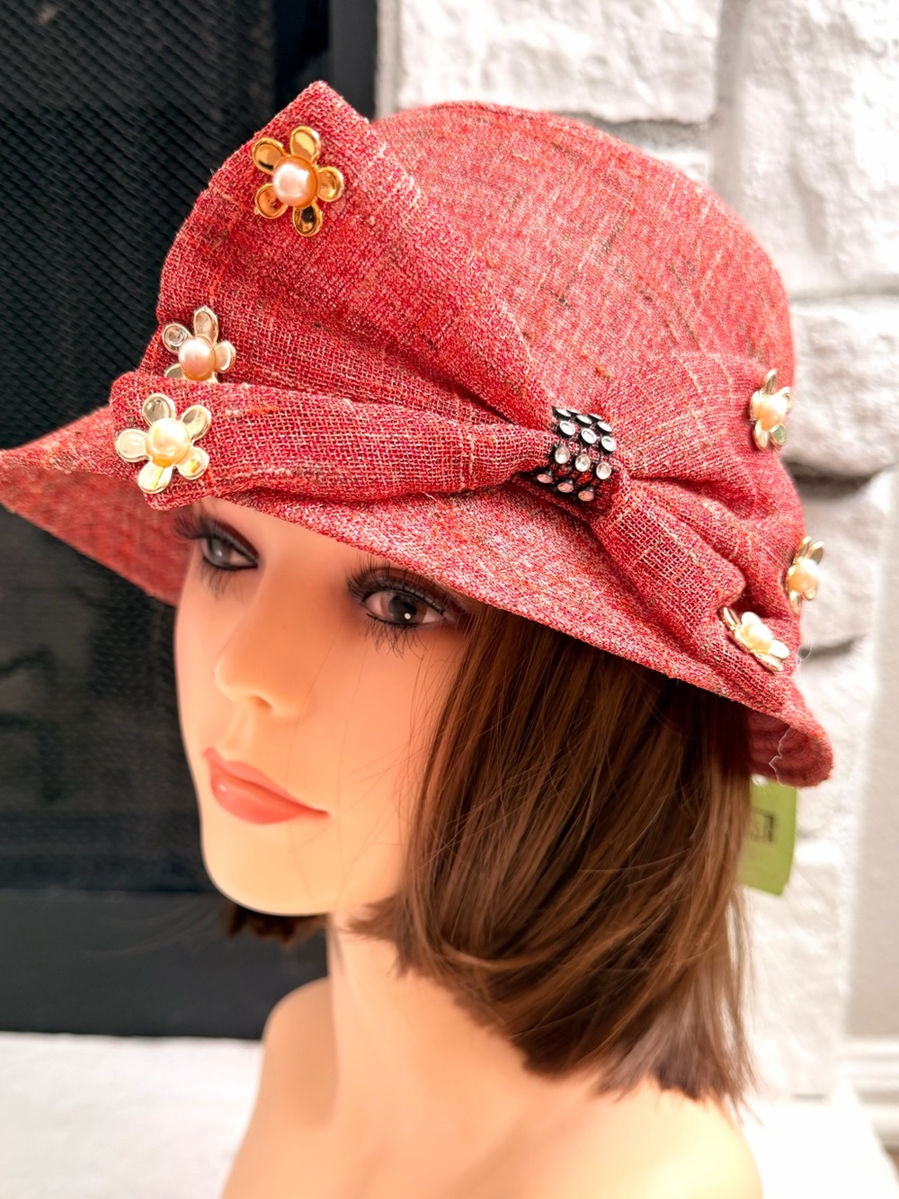 Red Embellished Cloche Hat Adjustable Floral Faux Pearl Rhinestone Bow 22.5”